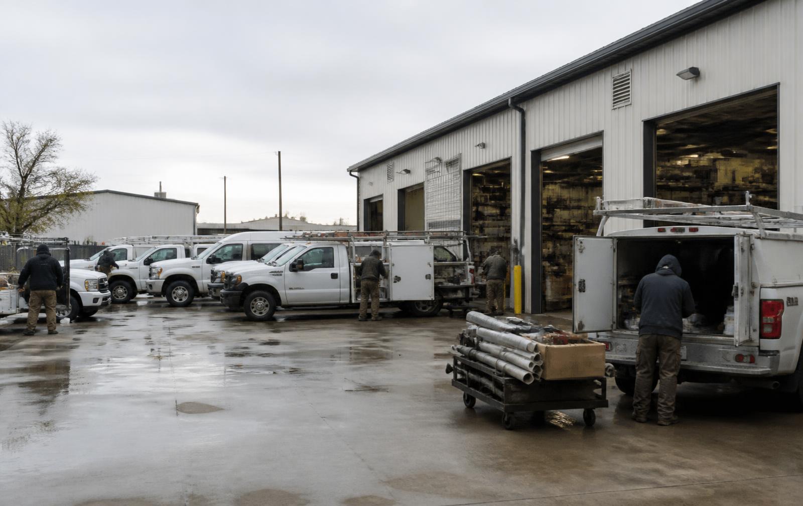 Service trucks and technicians at a mechanical contractor operations yard