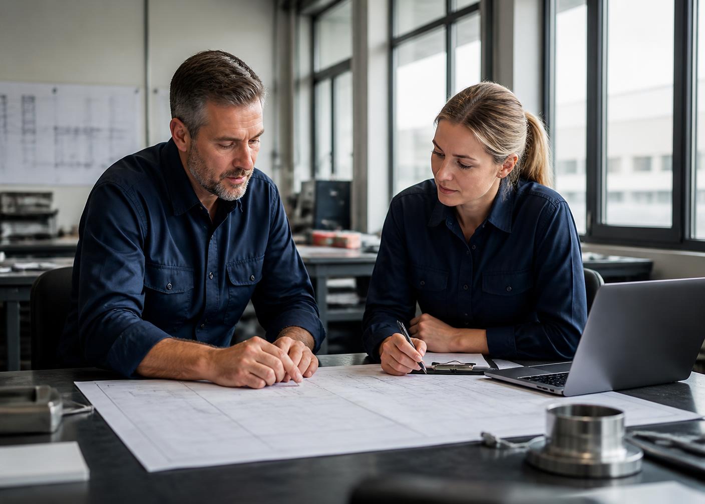 Project planning session over mechanical drawings