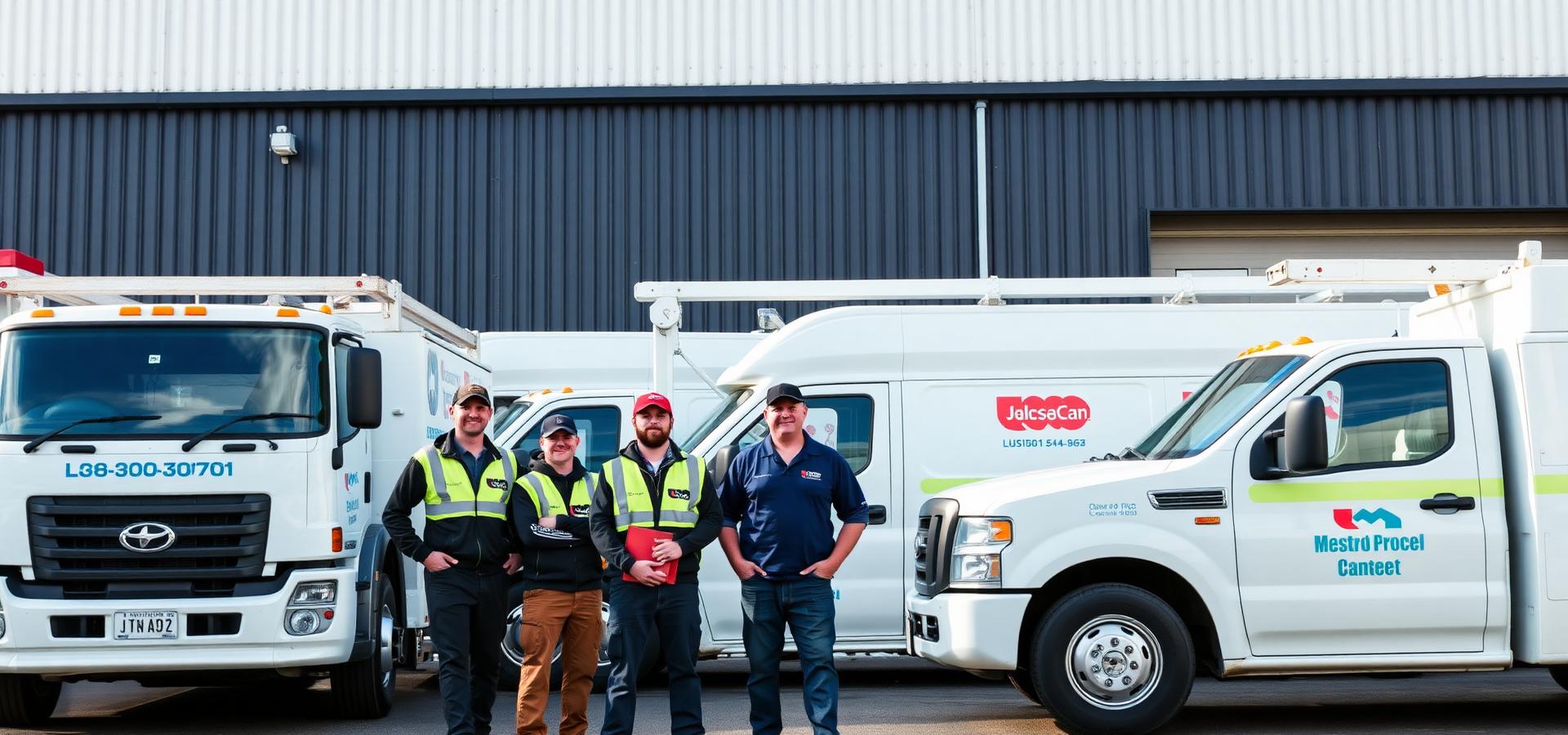 Mechanical service team standing in front of a row of company service trucks