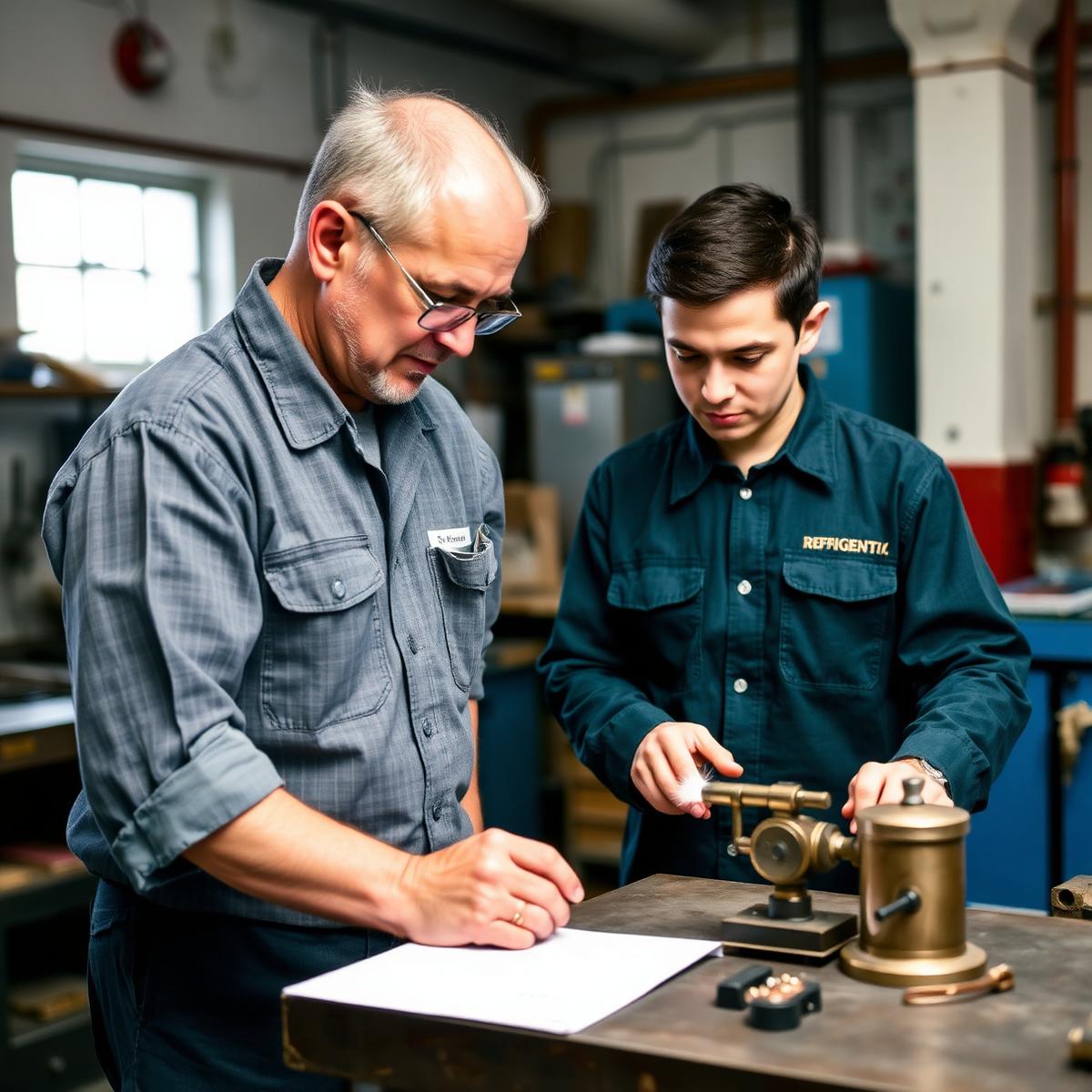 Senior technician mentoring an apprentice at a refrigeration training bench
