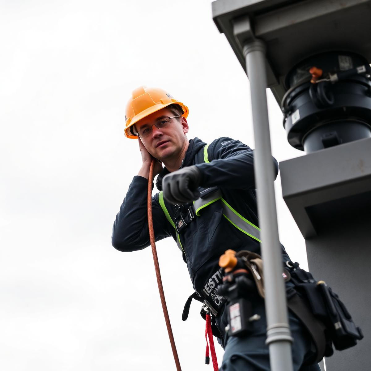 Technician in a safety harness performing a rooftop equipment safety check