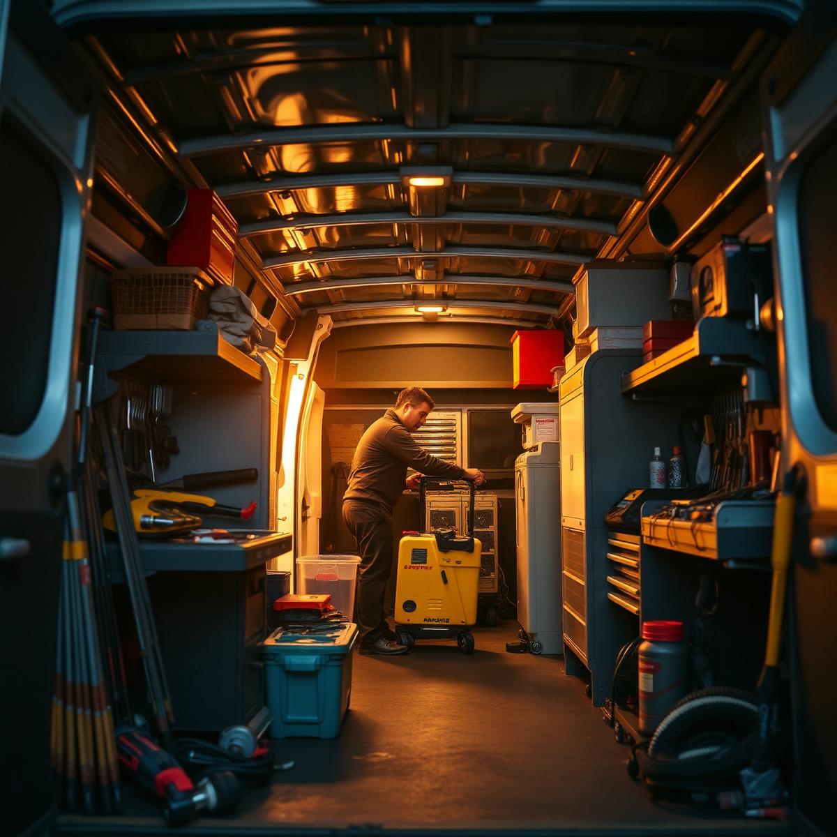Organized service van interior with staged tools and equipment