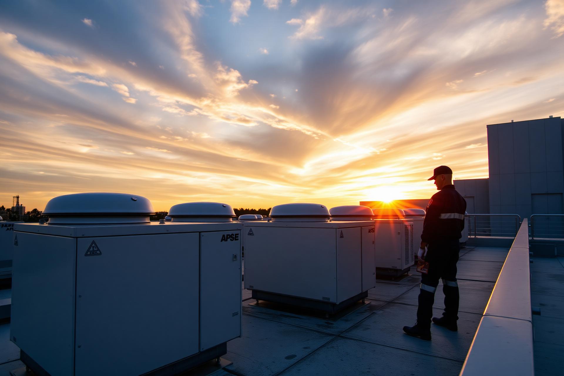 Commercial rooftop HVAC systems at sunset