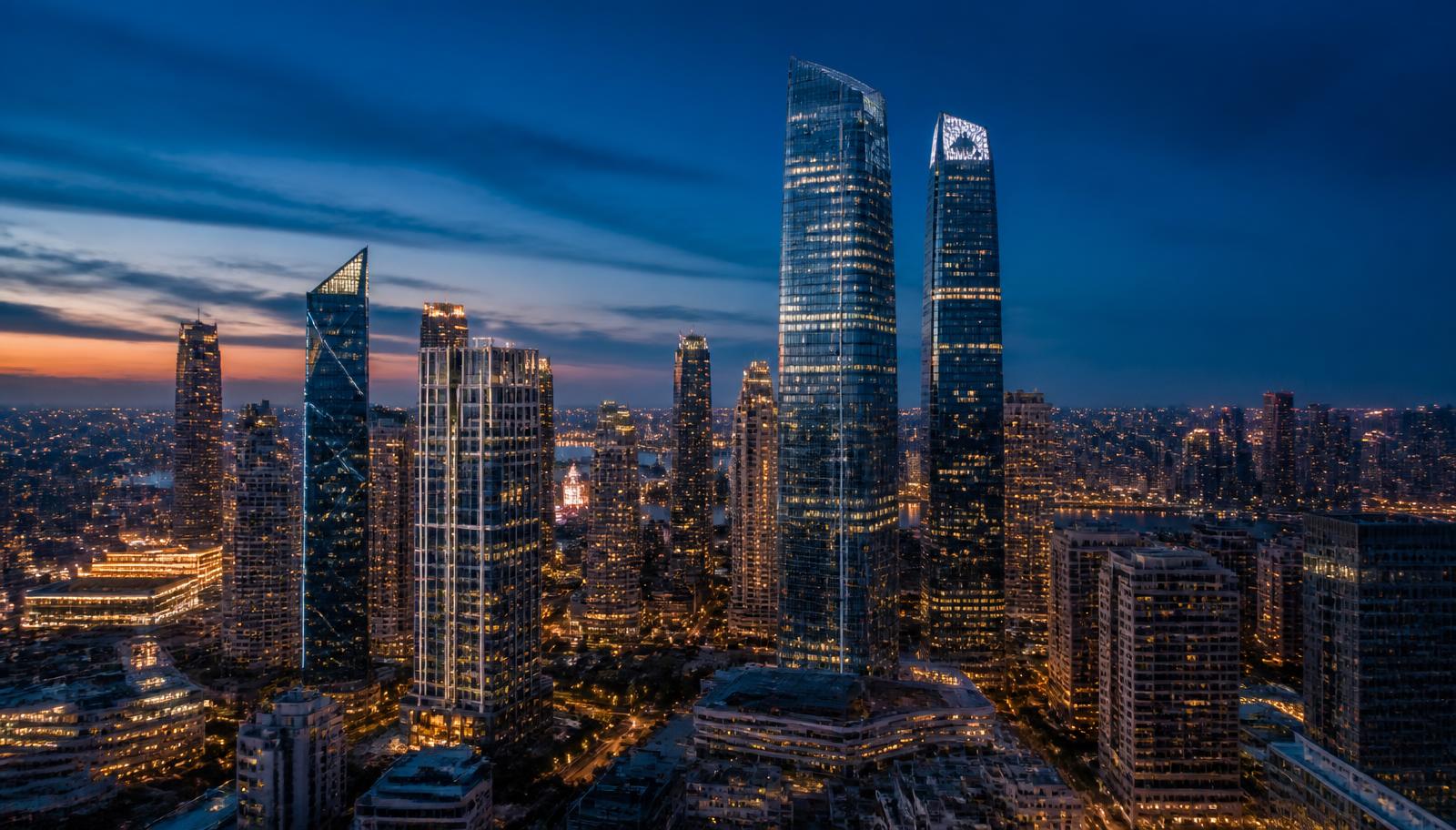 Commercial city skyline at dusk