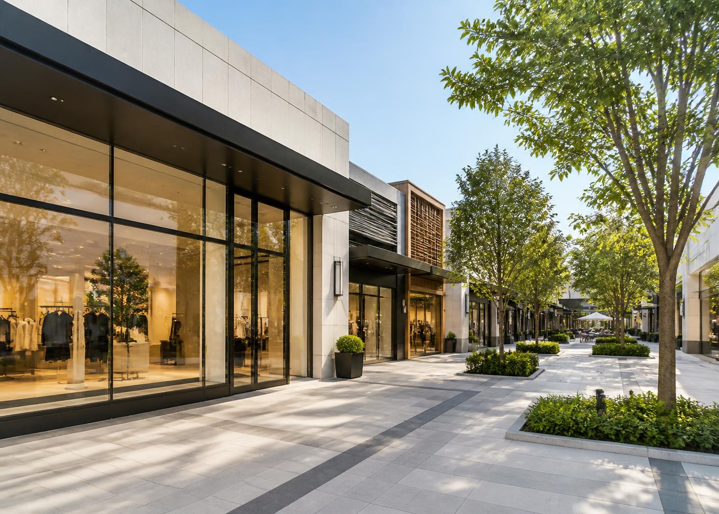 Modern shopping center with large retail storefronts