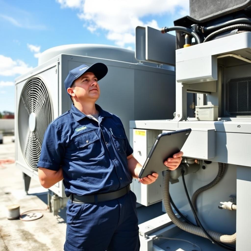 GMR technician inspecting a commercial rooftop air handling unit with a diagnostic tablet