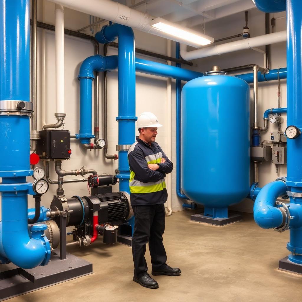 Commercial mechanical room with piping and HVAC equipment