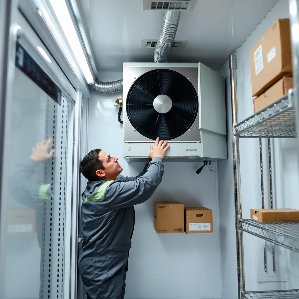 Refrigeration technician servicing a walk-in freezer evaporator coil