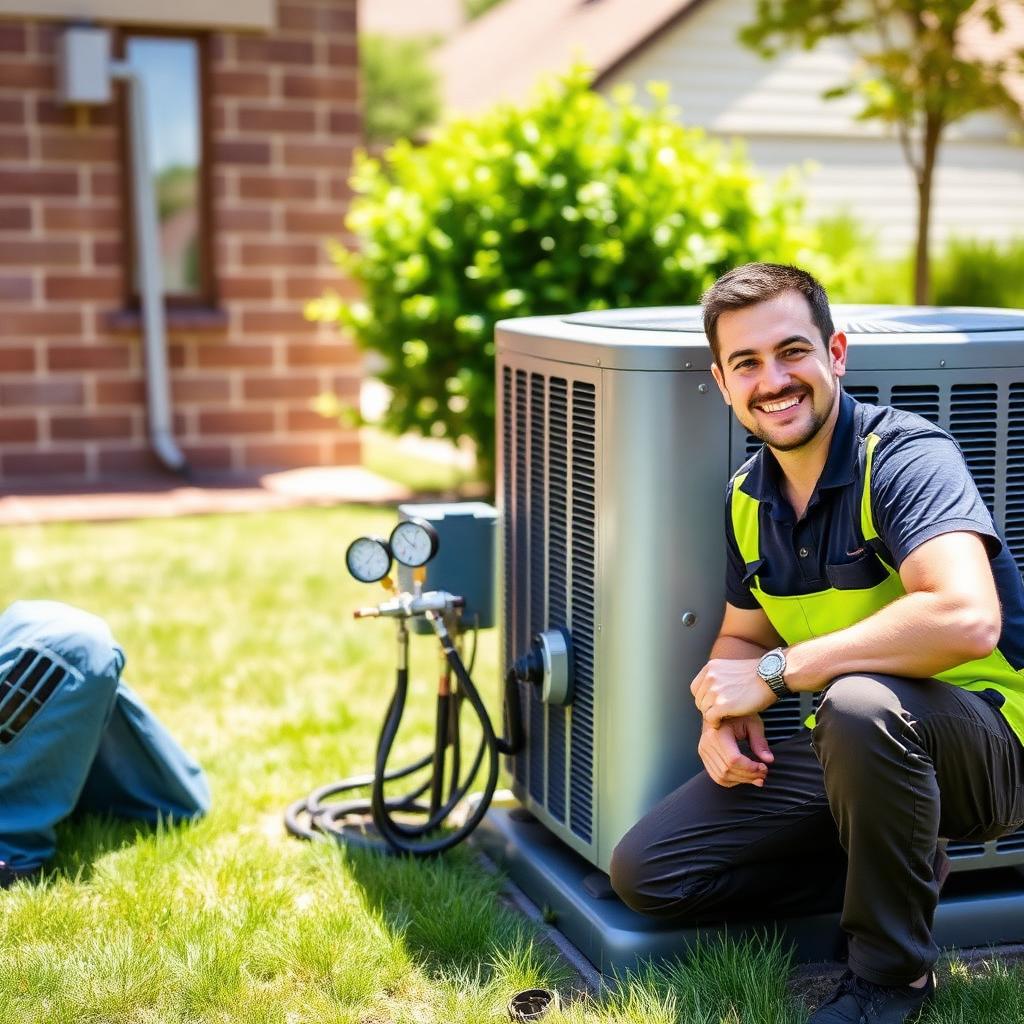 Residential HVAC technician servicing an outdoor condenser at a suburban home