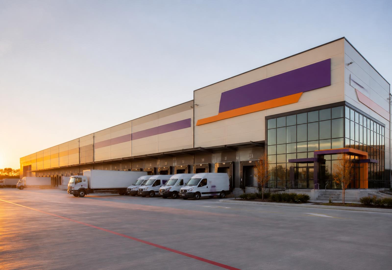Express shipping distribution facility exterior with loading docks and delivery vans