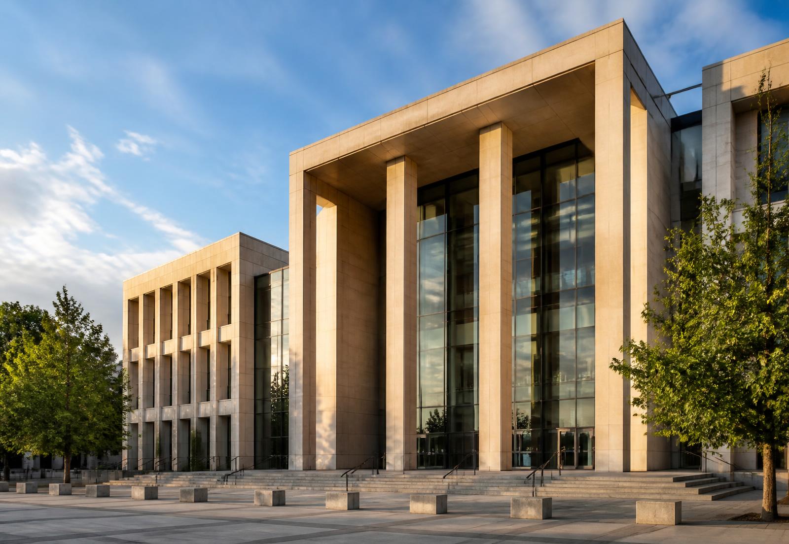 Federal building exterior with limestone columns