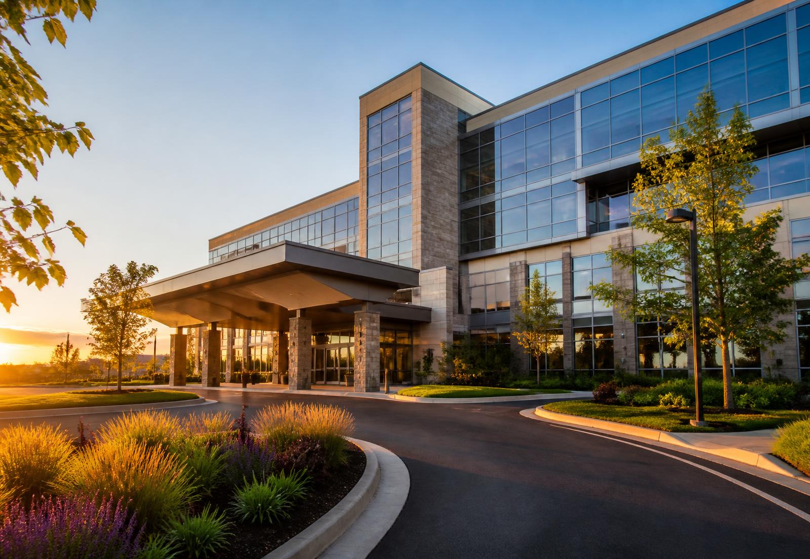 Modern medical campus exterior at golden hour
