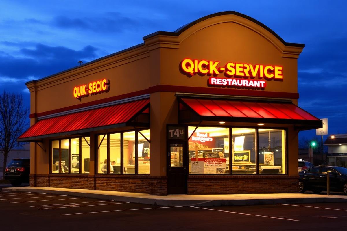 Quick service restaurant exterior lit at dusk