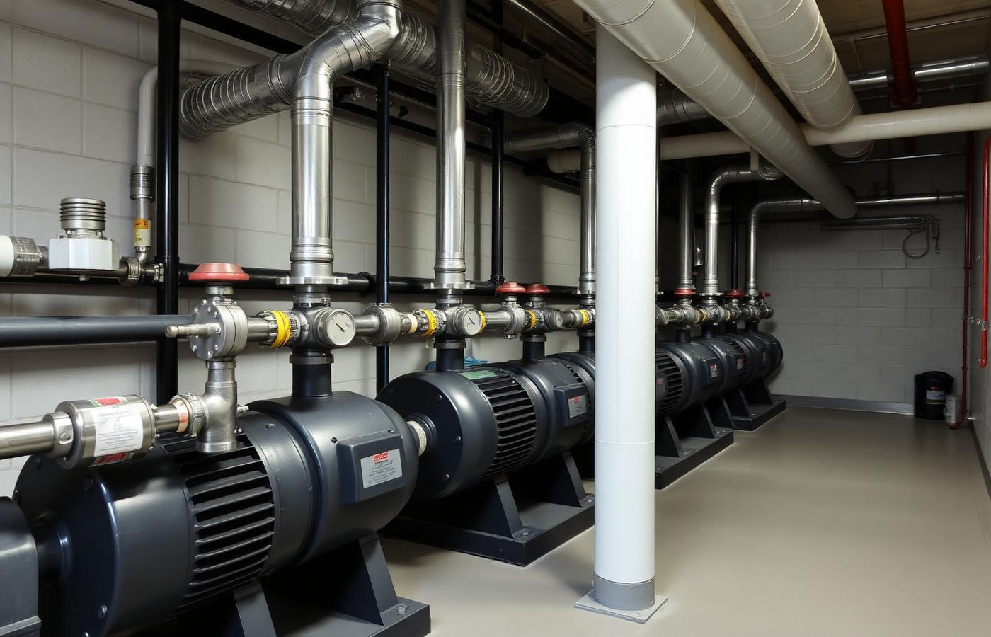 Chilled water pumps and insulated piping inside a commercial mechanical room