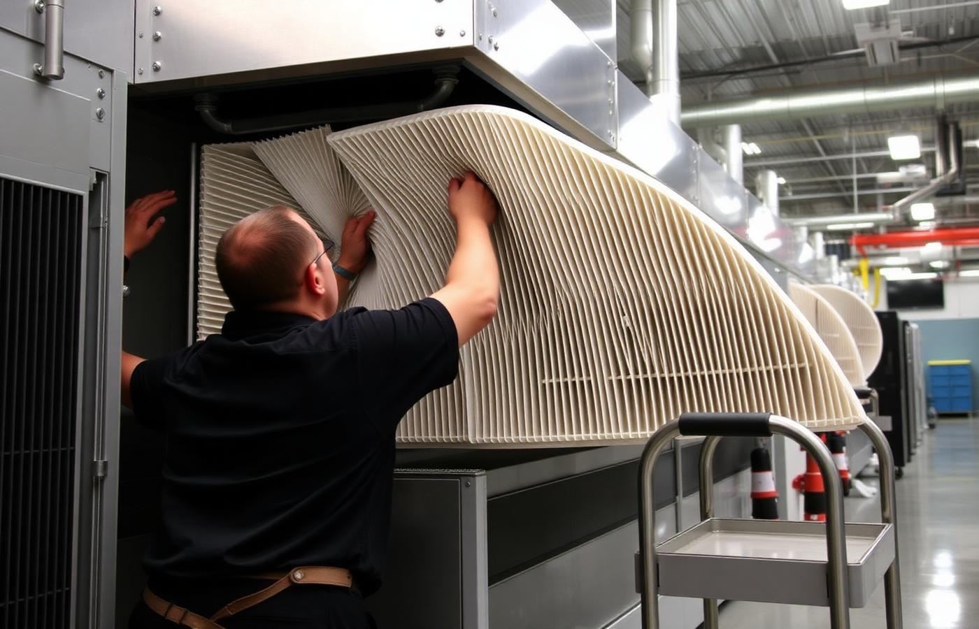 Technician replacing pleated filters in a commercial air handler