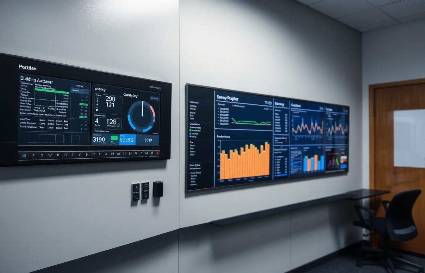 Building automation and energy dashboard screens in a facility engineering office