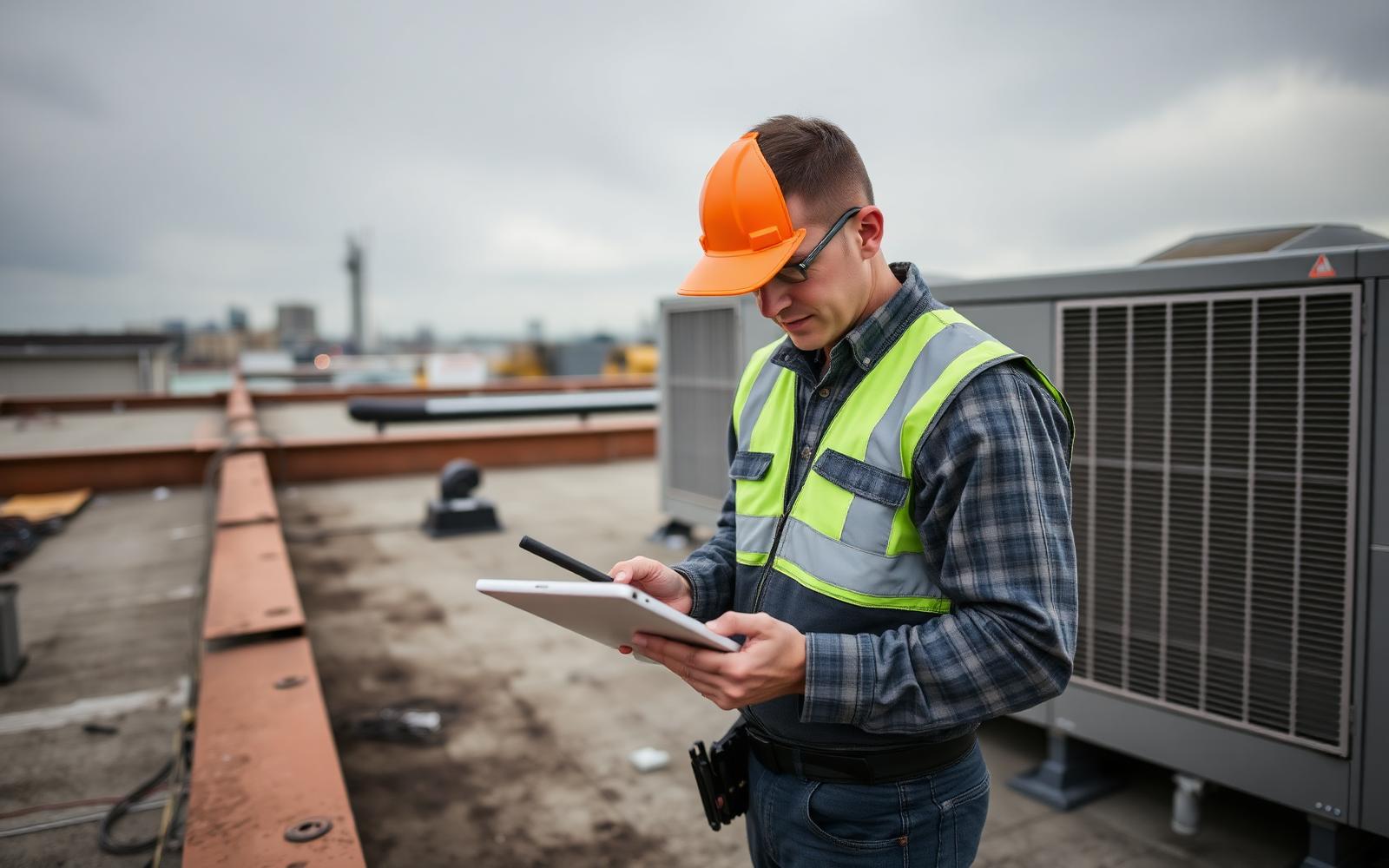 Technician documenting a rooftop unit inspection on a tablet