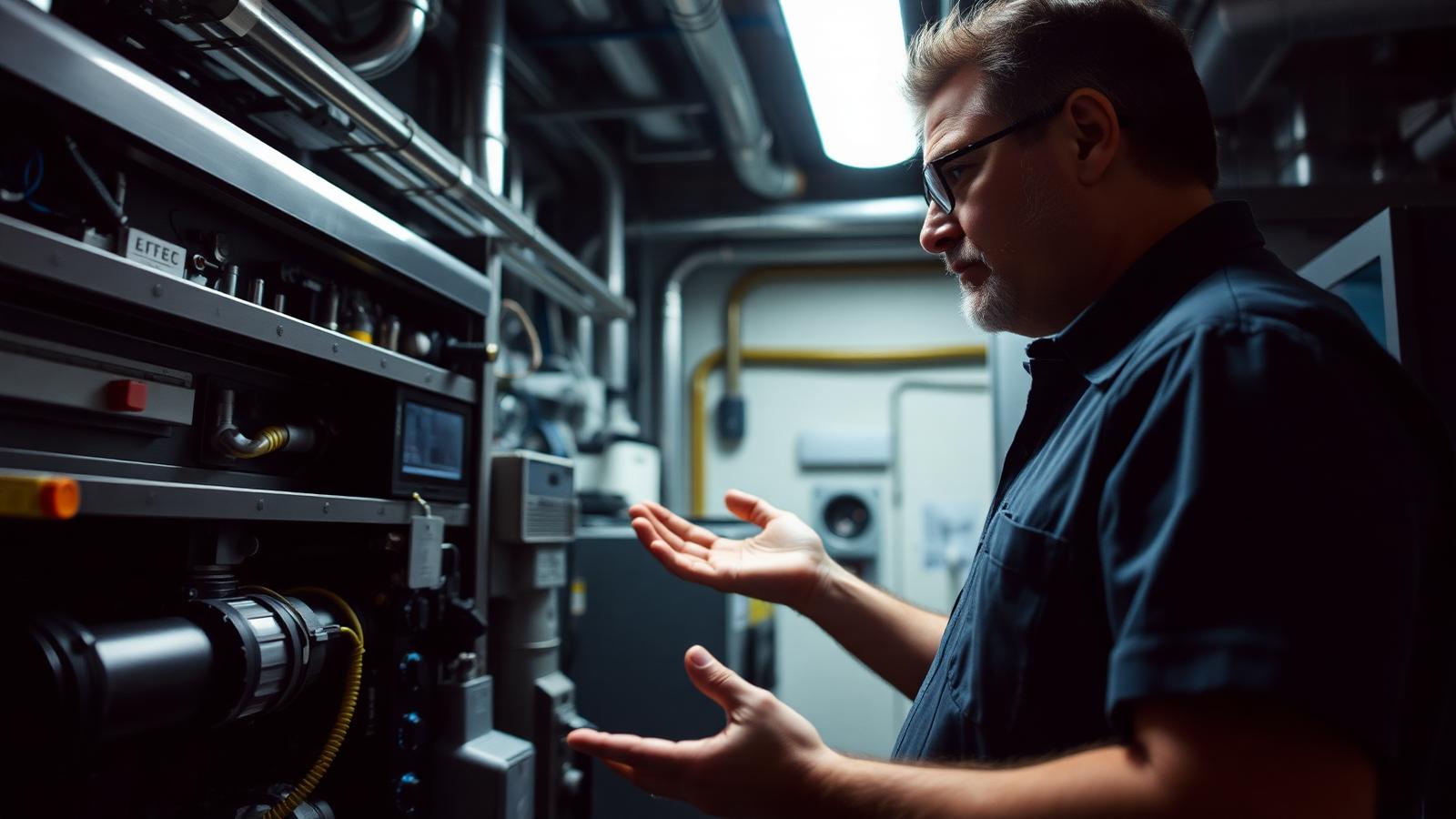Technician explaining equipment inside a commercial mechanical room