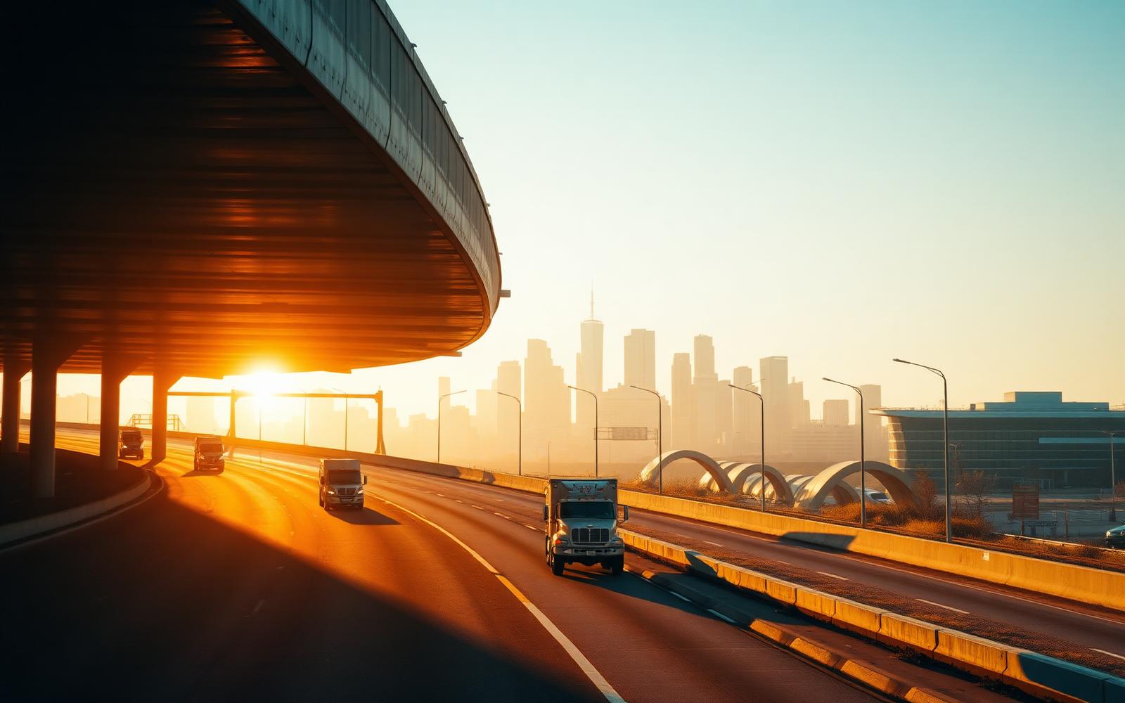 Interstate highway leading toward a commercial skyline at morning light