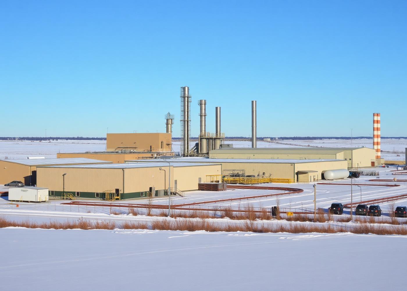 Northern plains industrial and energy operations facility in winter light