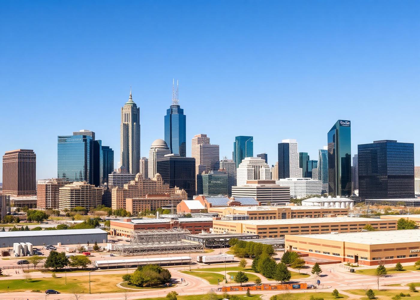 Texas commercial skyline with an industrial campus in the foreground